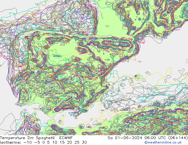 Temperature 2m Spaghetti ECMWF Sa 01.06.2024 06 UTC