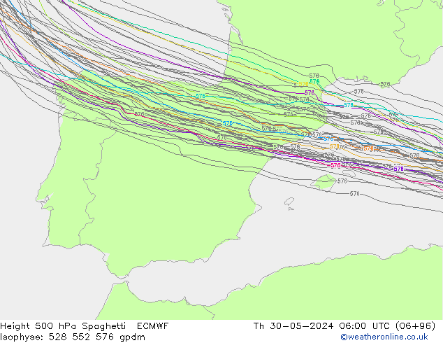 Height 500 hPa Spaghetti ECMWF Qui 30.05.2024 06 UTC