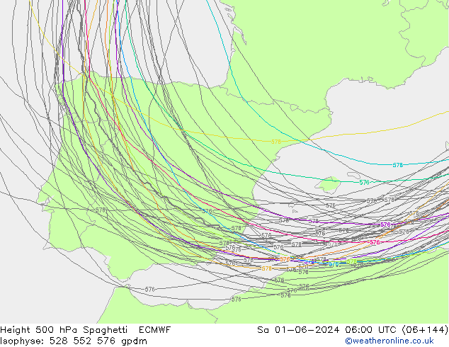 Height 500 hPa Spaghetti ECMWF Sa 01.06.2024 06 UTC