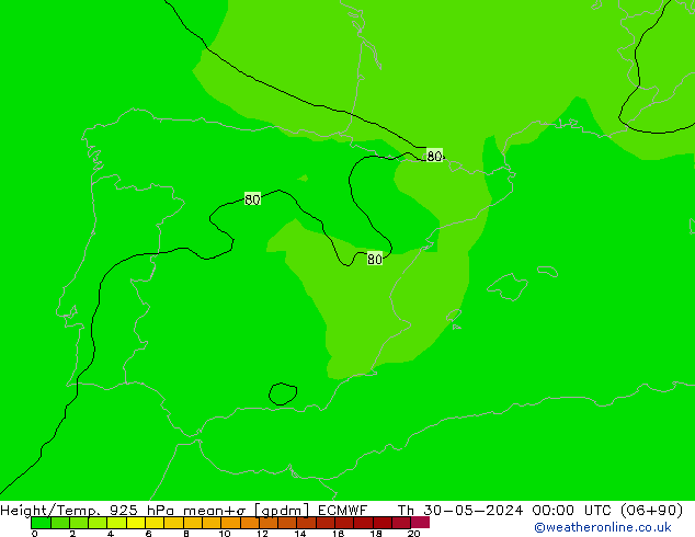 Geop./Temp. 925 hPa ECMWF jue 30.05.2024 00 UTC