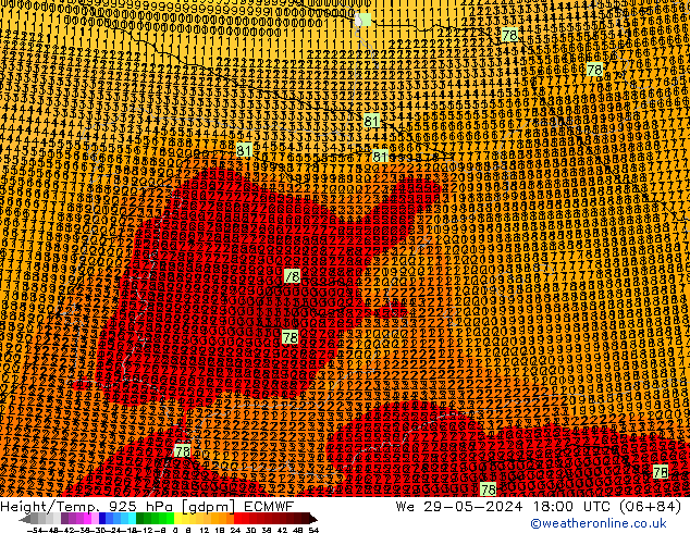 Height/Temp. 925 hPa ECMWF mer 29.05.2024 18 UTC