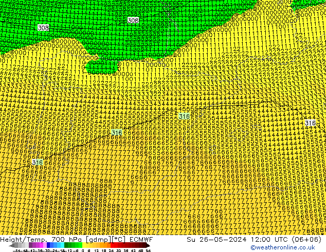 Geop./Temp. 700 hPa ECMWF dom 26.05.2024 12 UTC