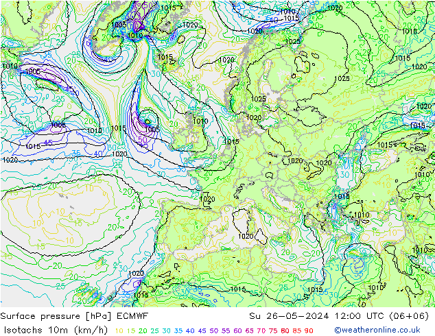 10米等风速线 (kph) ECMWF 星期日 26.05.2024 12 UTC