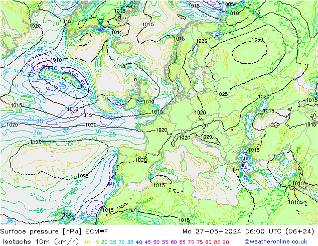Isotachen (km/h) ECMWF Mo 27.05.2024 06 UTC