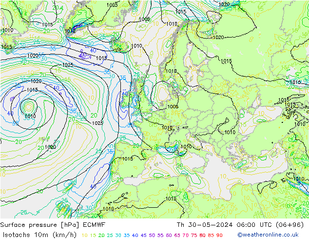 Isotachs (kph) ECMWF Th 30.05.2024 06 UTC