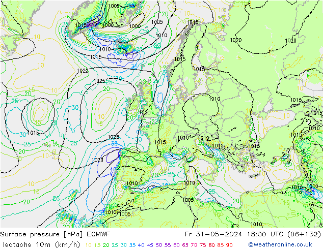 Isotachen (km/h) ECMWF vr 31.05.2024 18 UTC