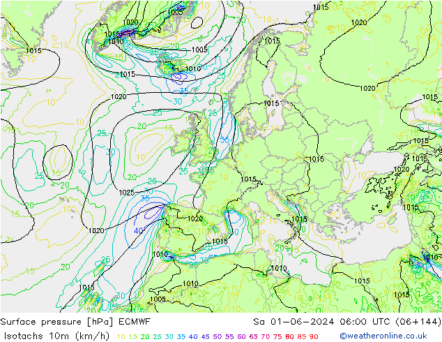 Isotachen (km/h) ECMWF Sa 01.06.2024 06 UTC