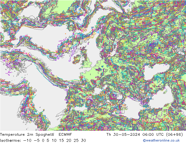 Temperatura 2m Spaghetti ECMWF jue 30.05.2024 06 UTC