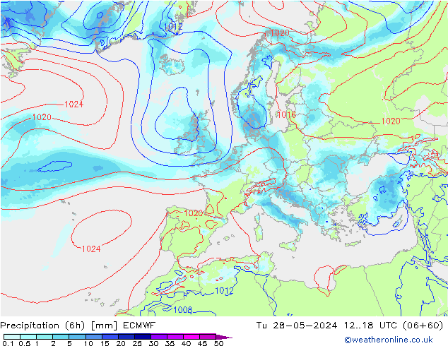 Precipitation (6h) ECMWF Tu 28.05.2024 18 UTC