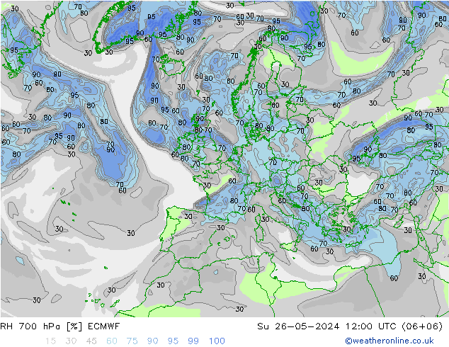 RH 700 hPa ECMWF Ne 26.05.2024 12 UTC