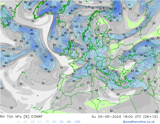 RH 700 hPa ECMWF Su 26.05.2024 18 UTC