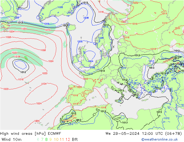 yüksek rüzgarlı alanlar ECMWF Çar 29.05.2024 12 UTC