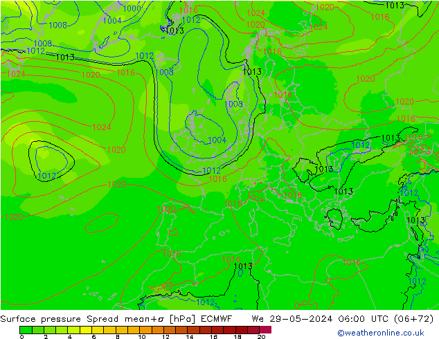 Surface pressure Spread ECMWF We 29.05.2024 06 UTC