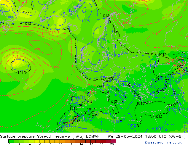 Presión superficial Spread ECMWF mié 29.05.2024 18 UTC