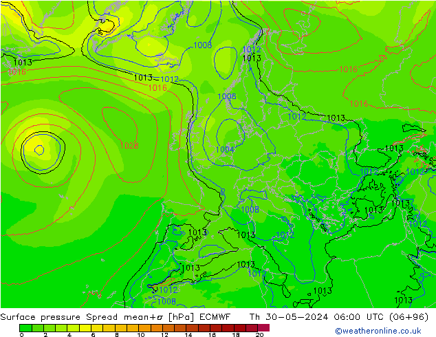 Surface pressure Spread ECMWF Th 30.05.2024 06 UTC