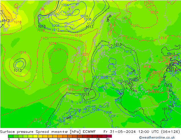 Surface pressure Spread ECMWF Fr 31.05.2024 12 UTC