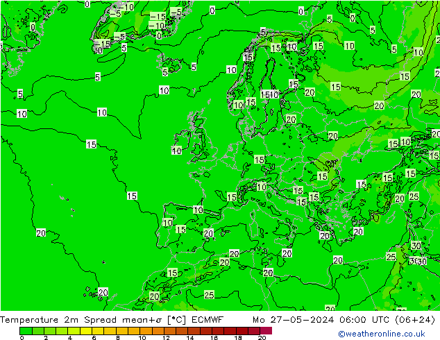 Temperature 2m Spread ECMWF Mo 27.05.2024 06 UTC