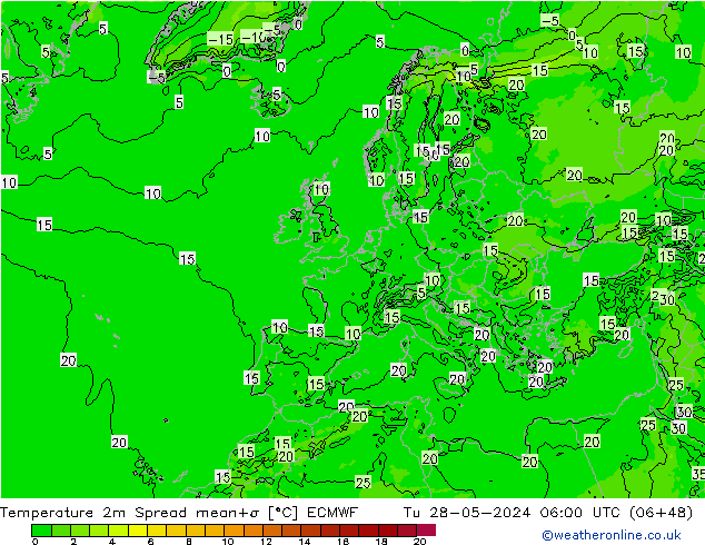 Temperaturkarte Spread ECMWF Di 28.05.2024 06 UTC