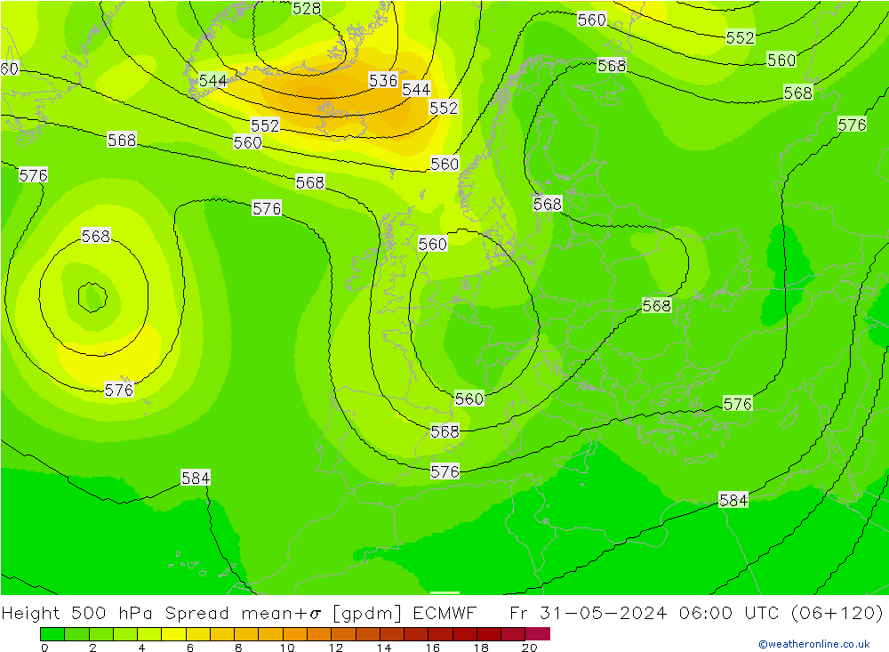 Height 500 hPa Spread ECMWF Fr 31.05.2024 06 UTC