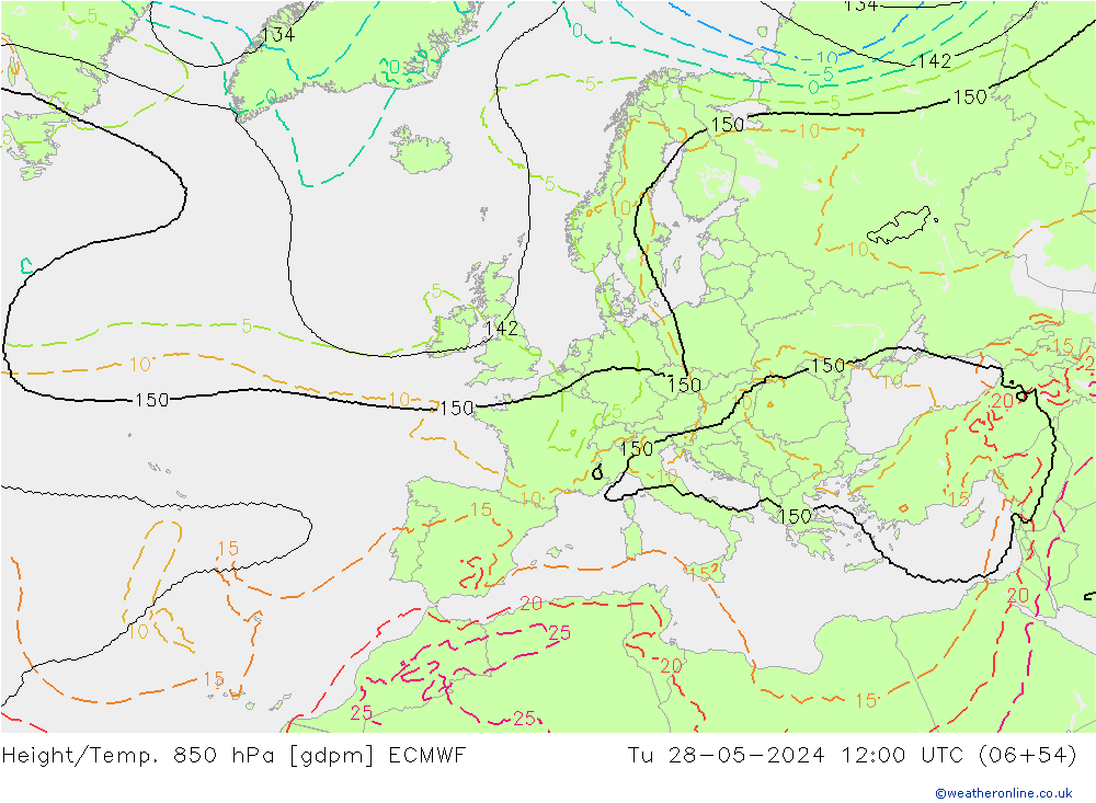 Height/Temp. 850 hPa ECMWF Tu 28.05.2024 12 UTC