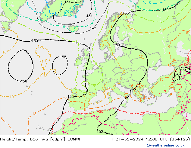 Height/Temp. 850 гПа ECMWF пт 31.05.2024 12 UTC