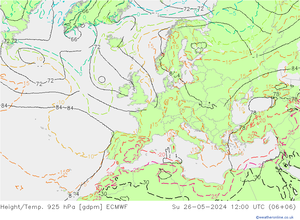 Height/Temp. 925 hPa ECMWF  26.05.2024 12 UTC