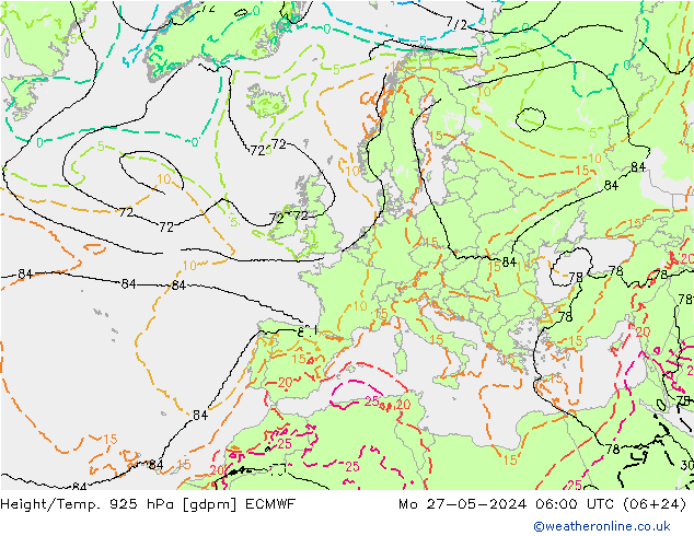 Yükseklik/Sıc. 925 hPa ECMWF Pzt 27.05.2024 06 UTC
