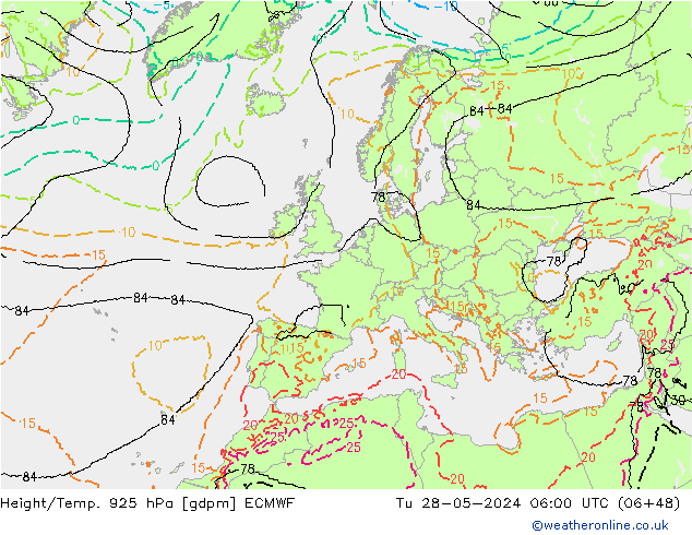 Height/Temp. 925 hPa ECMWF Di 28.05.2024 06 UTC