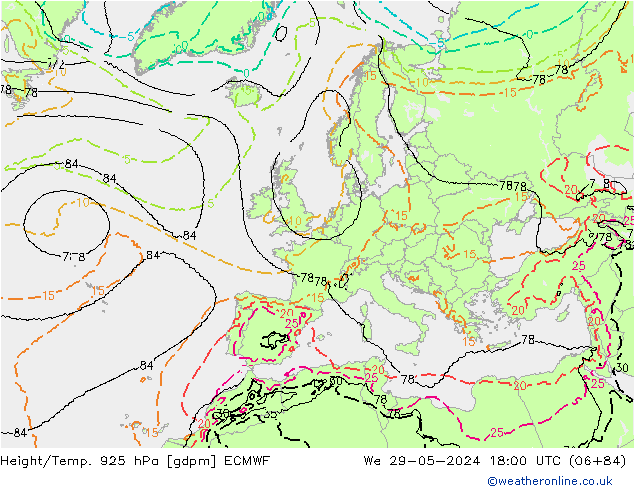 Height/Temp. 925 hPa ECMWF We 29.05.2024 18 UTC