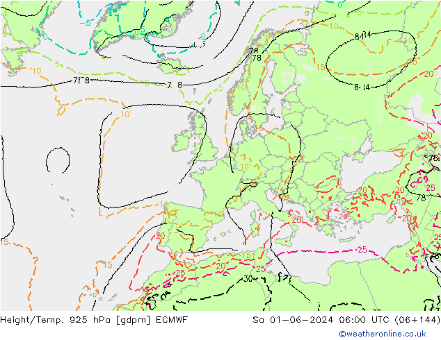 Height/Temp. 925 hPa ECMWF Sa 01.06.2024 06 UTC