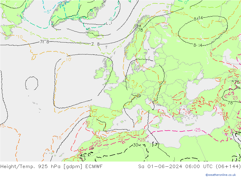 Height/Temp. 925 hPa ECMWF Sa 01.06.2024 06 UTC