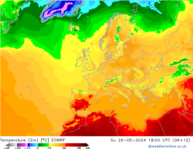 mapa temperatury (2m) ECMWF nie. 26.05.2024 18 UTC