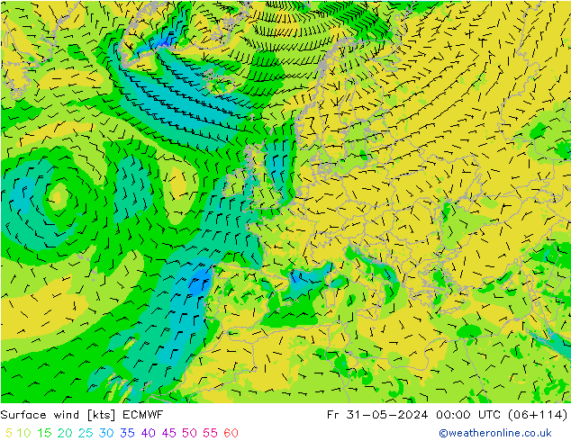 ветер 10 m ECMWF пт 31.05.2024 00 UTC