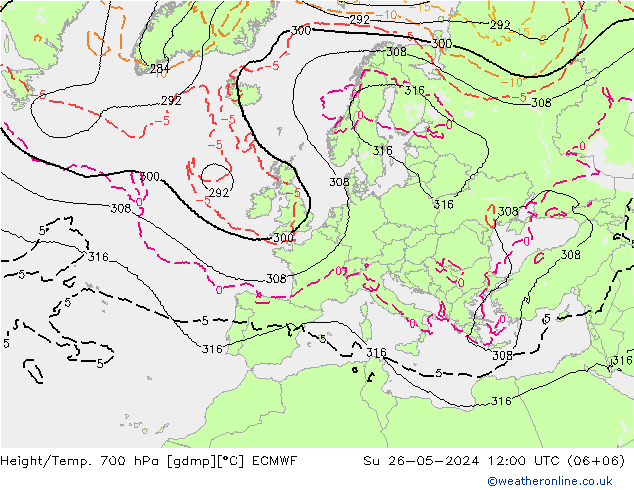 Height/Temp. 700 hPa ECMWF Su 26.05.2024 12 UTC