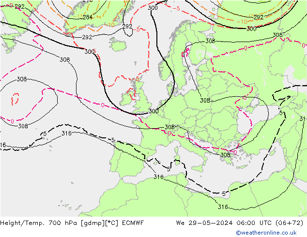 Height/Temp. 700 hPa ECMWF We 29.05.2024 06 UTC