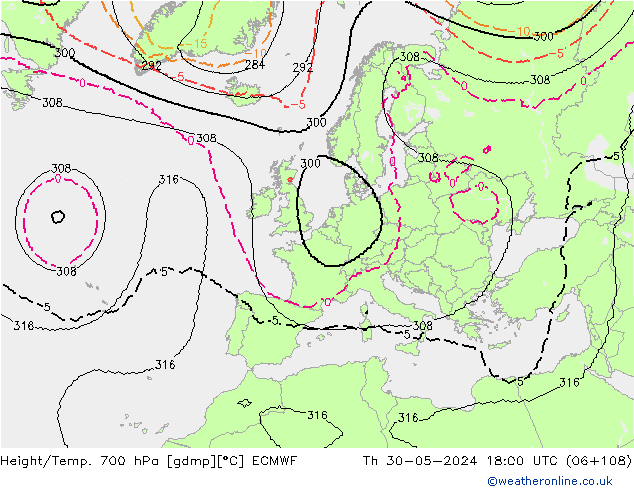 Height/Temp. 700 hPa ECMWF Th 30.05.2024 18 UTC