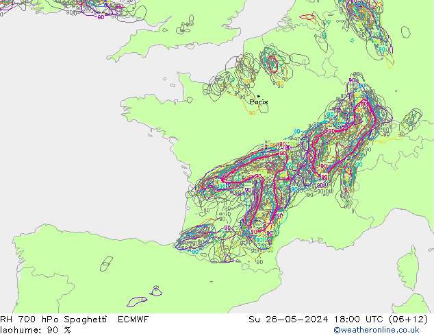 RH 700 hPa Spaghetti ECMWF Dom 26.05.2024 18 UTC