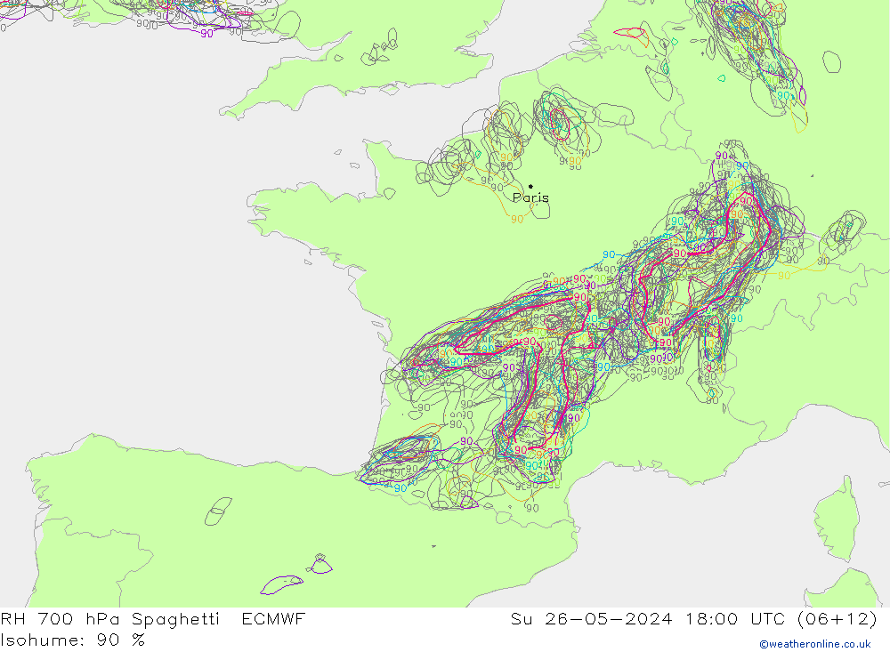 RH 700 hPa Spaghetti ECMWF Dom 26.05.2024 18 UTC