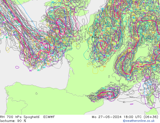 RH 700 hPa Spaghetti ECMWF  27.05.2024 18 UTC