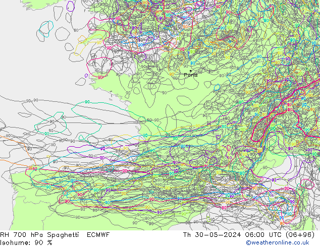 RH 700 hPa Spaghetti ECMWF Th 30.05.2024 06 UTC