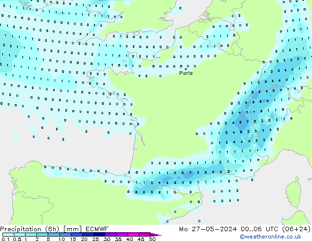 Precipitation (6h) ECMWF Mo 27.05.2024 06 UTC