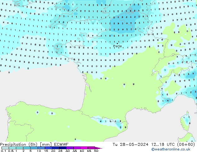 Precipitación (6h) ECMWF mar 28.05.2024 18 UTC