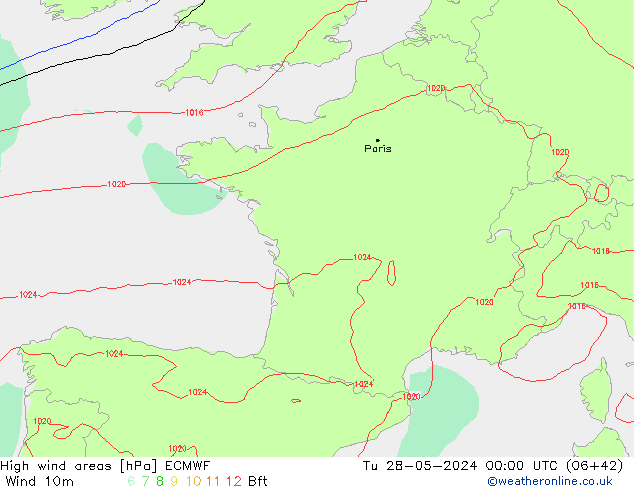 High wind areas ECMWF Út 28.05.2024 00 UTC