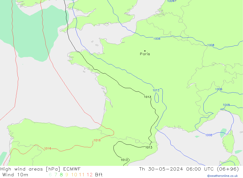 High wind areas ECMWF Th 30.05.2024 06 UTC