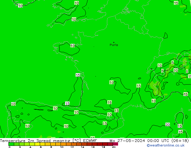 Temperatura 2m Spread ECMWF lun 27.05.2024 00 UTC
