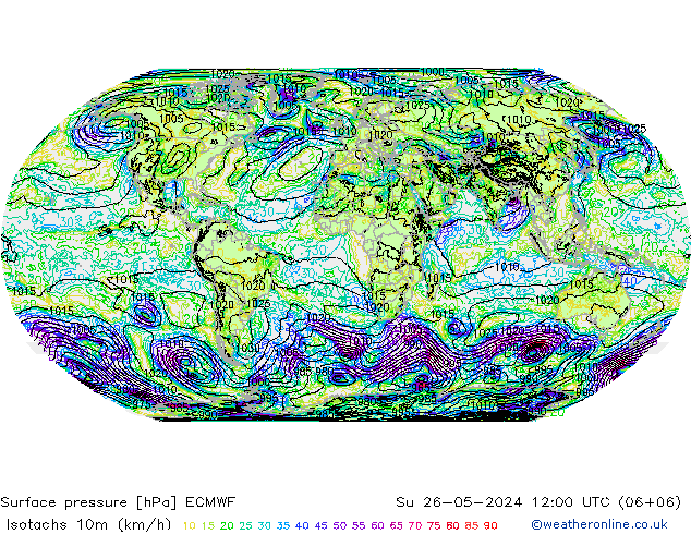 Isotachs (kph) ECMWF Dom 26.05.2024 12 UTC