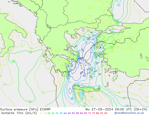 Isotachs (kph) ECMWF  27.05.2024 06 UTC