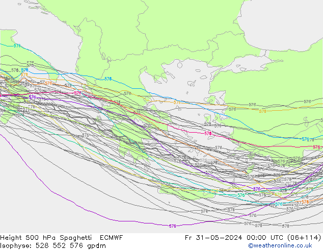 Height 500 hPa Spaghetti ECMWF Pá 31.05.2024 00 UTC