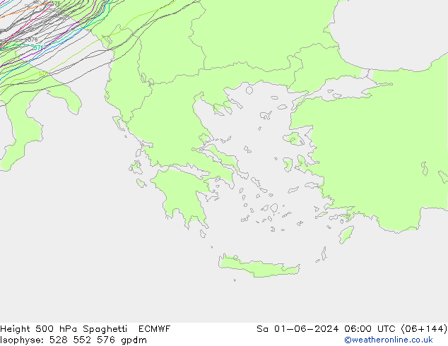 Height 500 hPa Spaghetti ECMWF So 01.06.2024 06 UTC