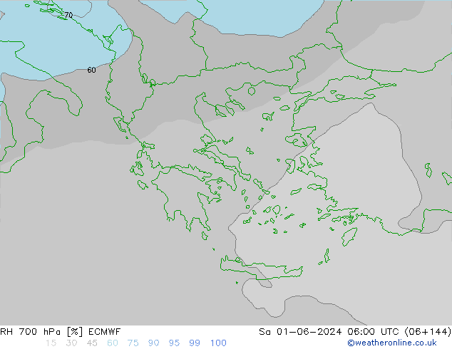 RH 700 hPa ECMWF so. 01.06.2024 06 UTC